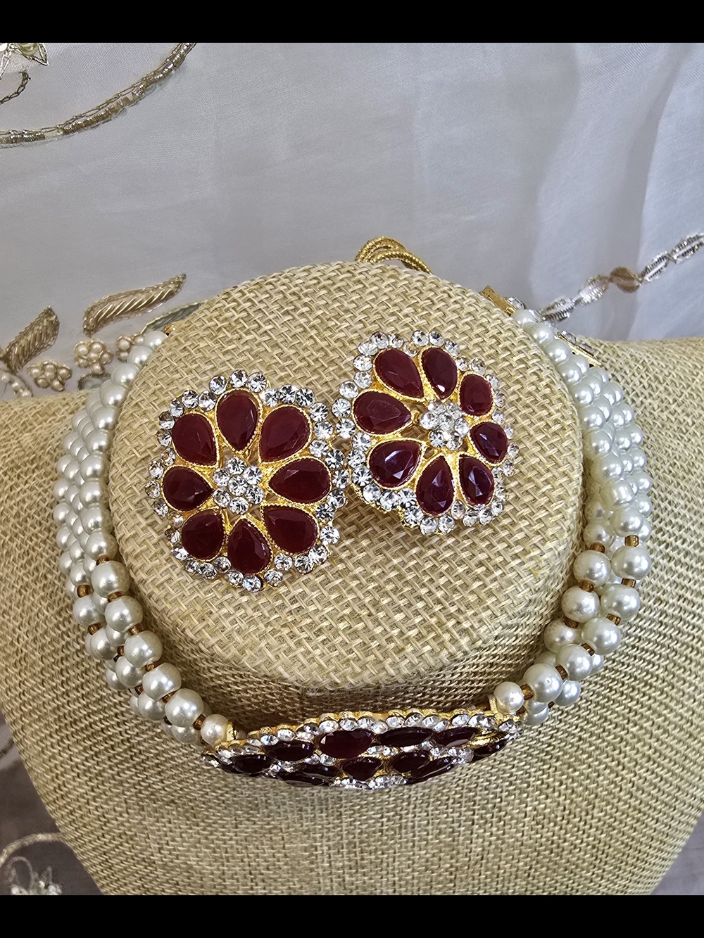 Elegant Pearl Choker Necklace and Ruby Flower Earrings Set